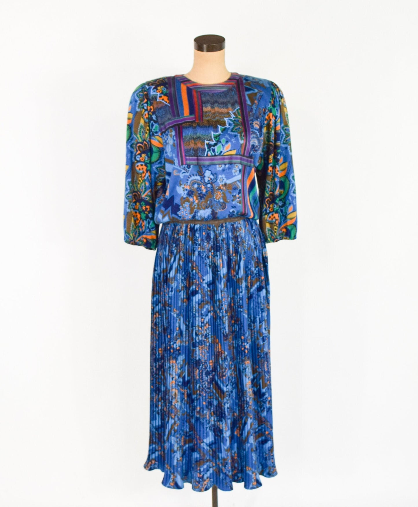 1980s Diane Freis Blue Wool Pleated Dress, Large
