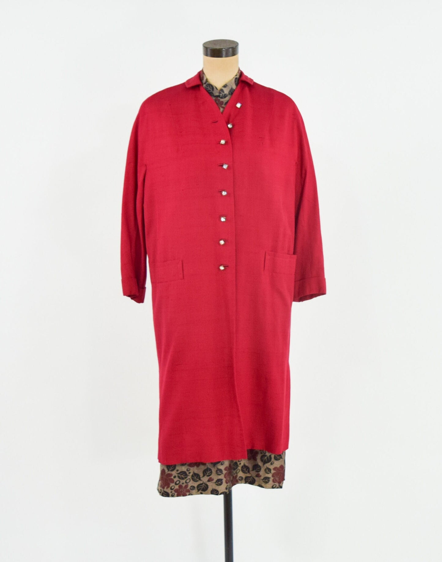 1950s Red Silk Evening Coat | 50s Red Raw Silk Evening Coat | Lou Johnson | Large