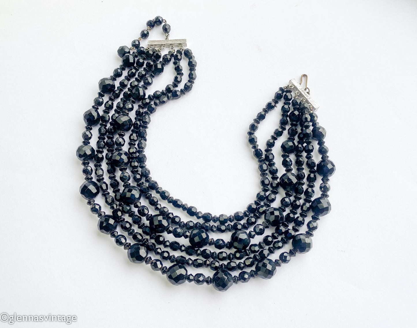 1950s Carnegie Black Crystal Beaded Necklace | 6-Strand Evening Jewelry