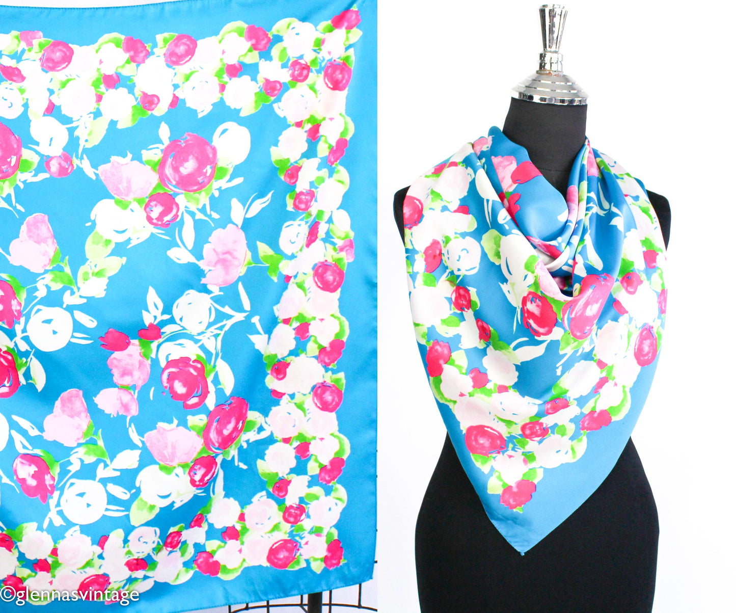 1980s Blue Floral Pattern Scarf