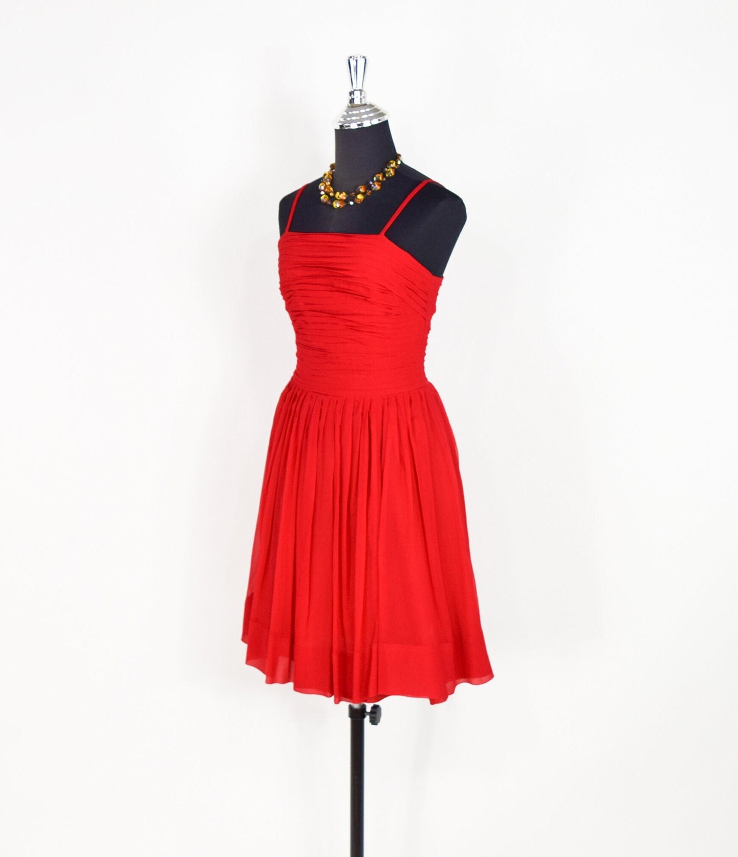 1950s Red Chiffon Party Dress with Pleated Bodice, Extra Small