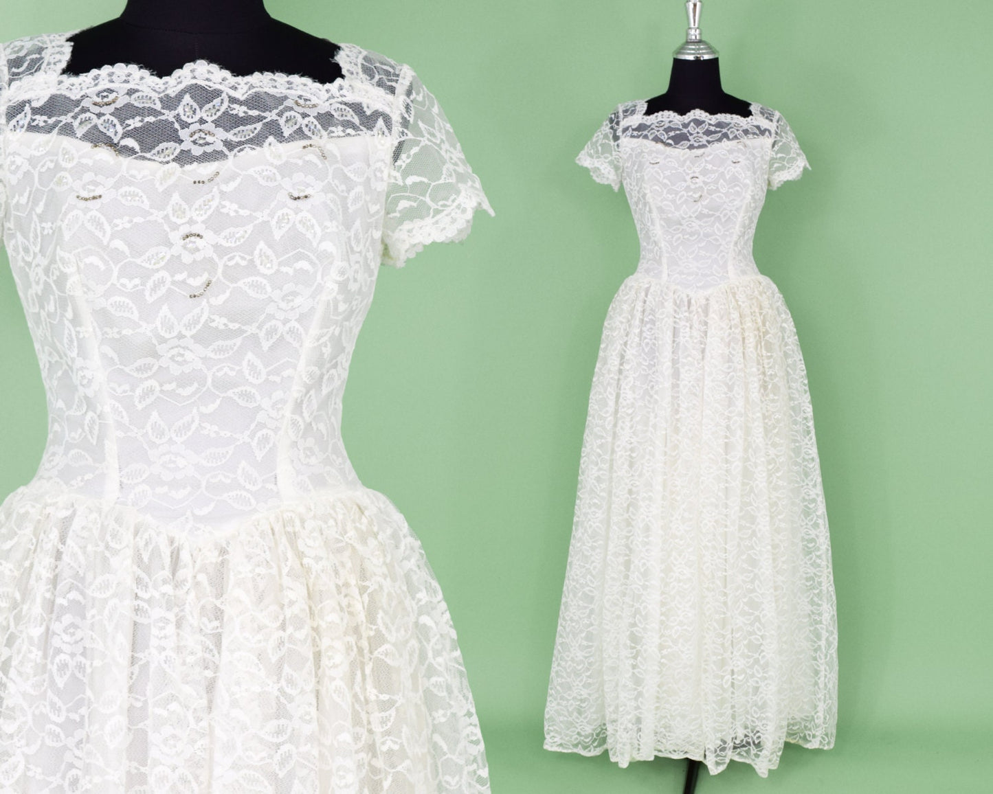 1950s White Lace Wedding Gown | 50s White Lace Long Evening Dress | White Tulle & Taffeta Wedding Gown | Extra Small