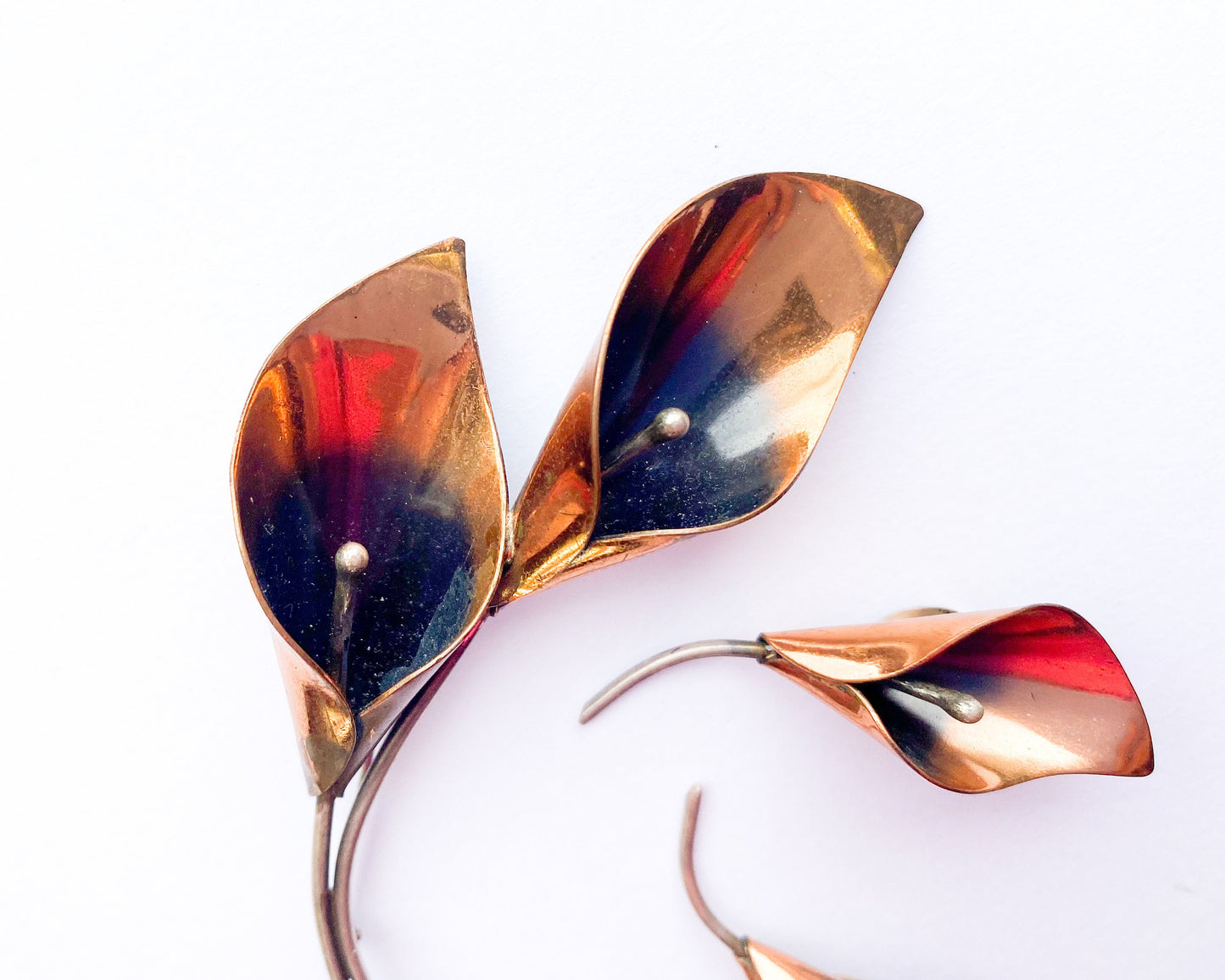 1950s Copper Flower Brooch & Earrings Set | 50s Copper Flower Pin Earring Set | Copper Flower Stems