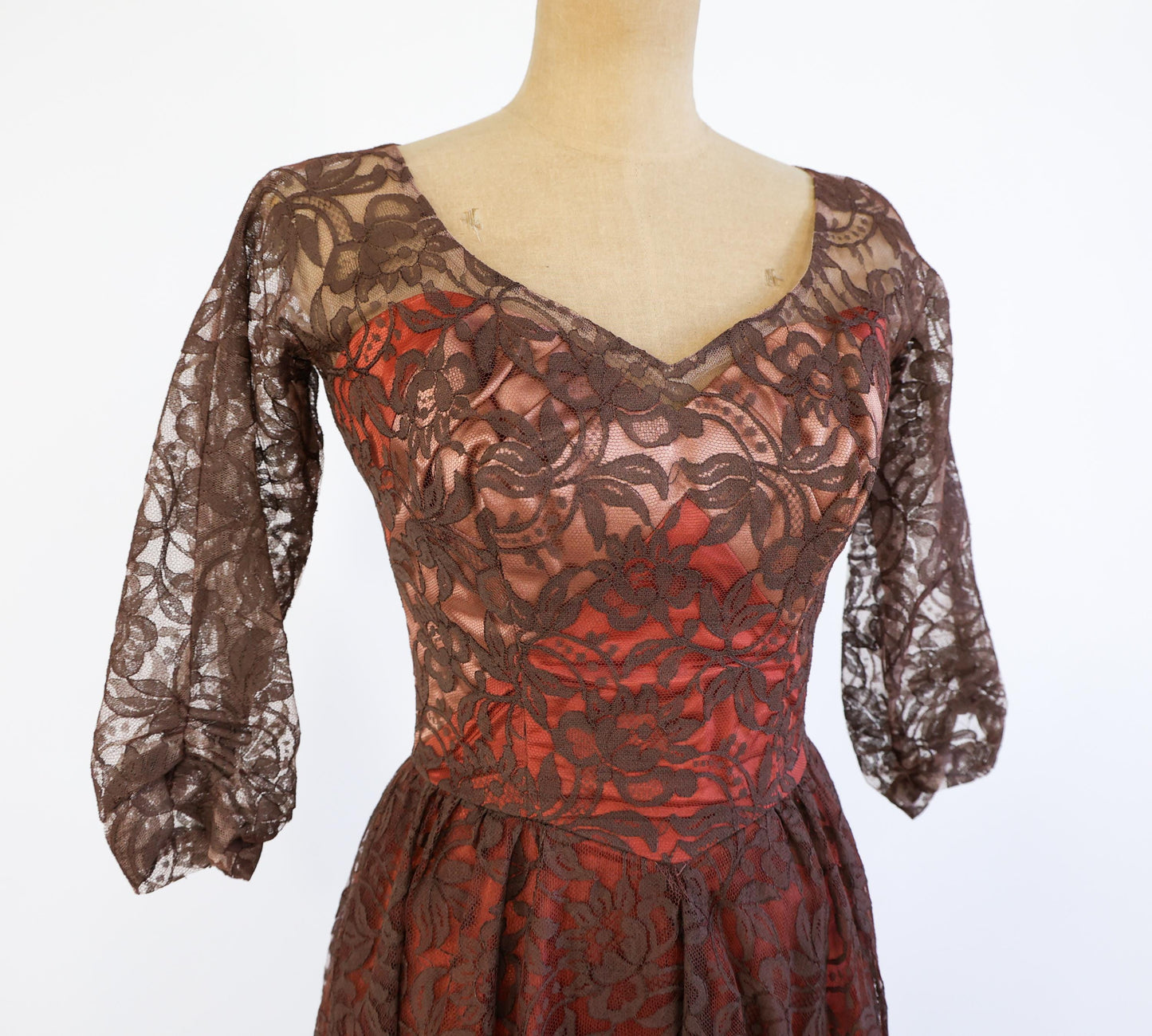 1950s Brown & Pink Lace Party Dress, Small