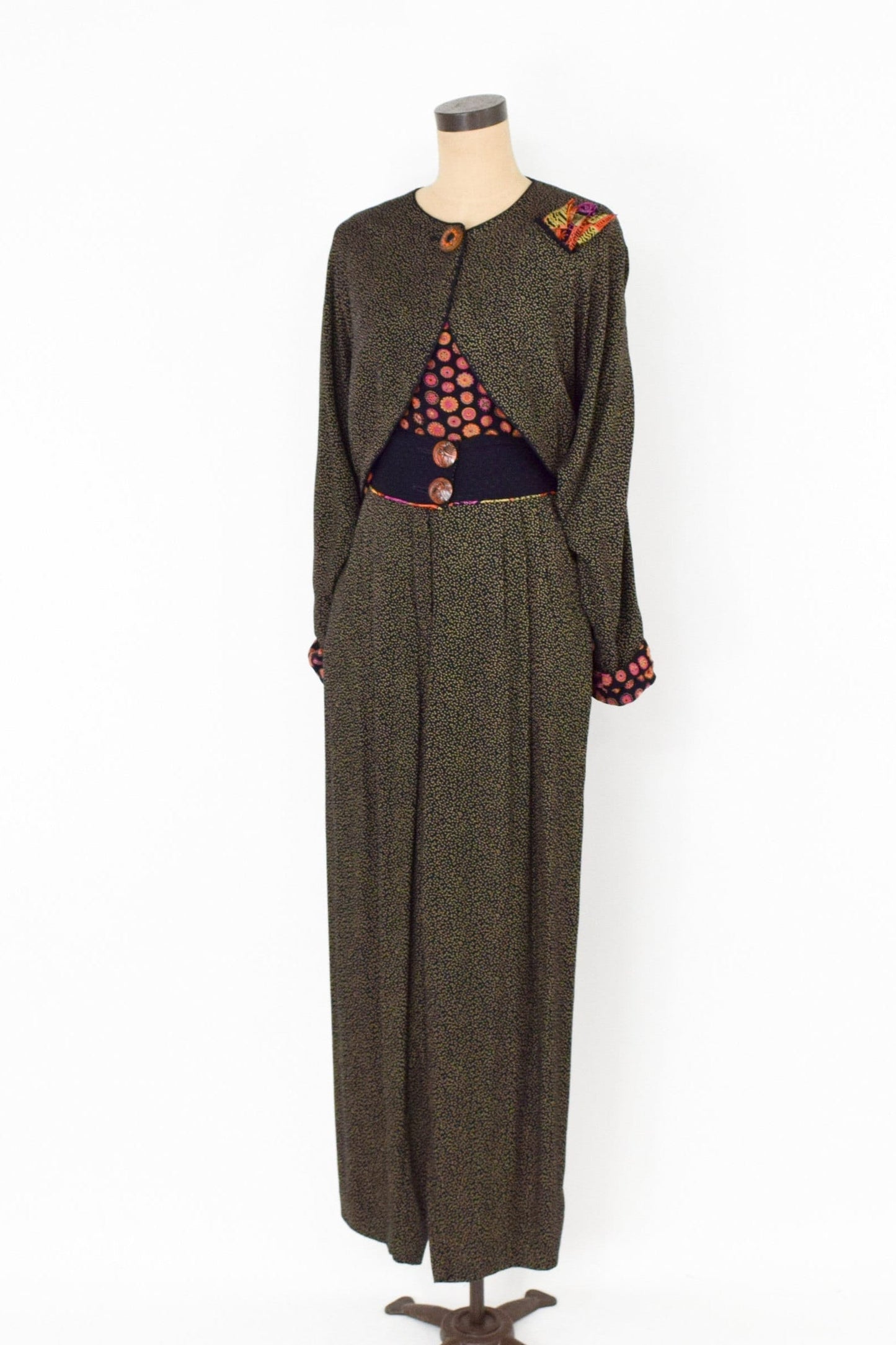 1980s Brown Print 3-Piece Suit, Top Pants Jacket Set, Medium