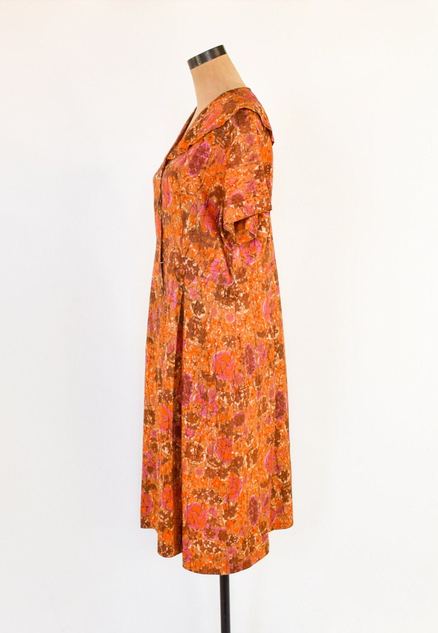 1950s Orange Floral Print Day Dress, Extra Large