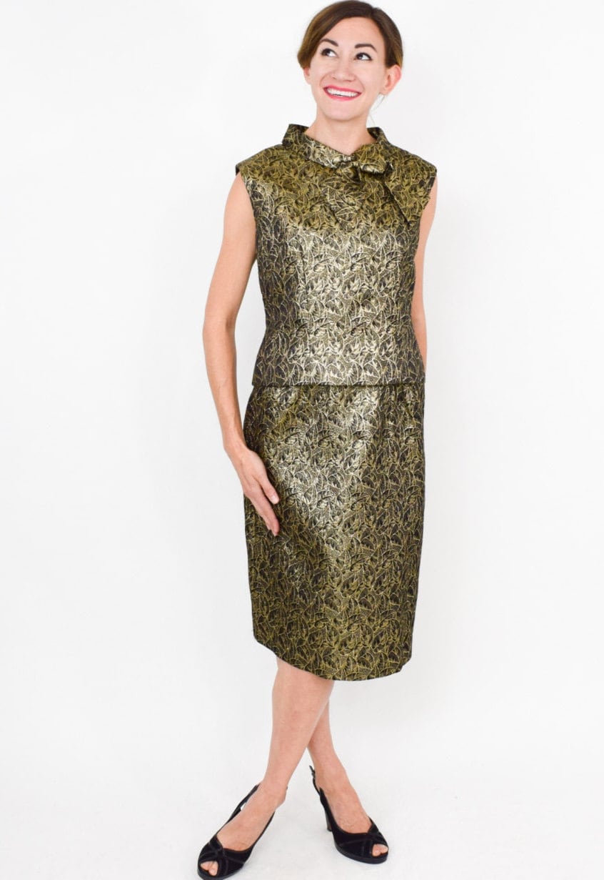 1950s Gold Brocade Dress & Top Set, Metallic Party Ensemble, Medium