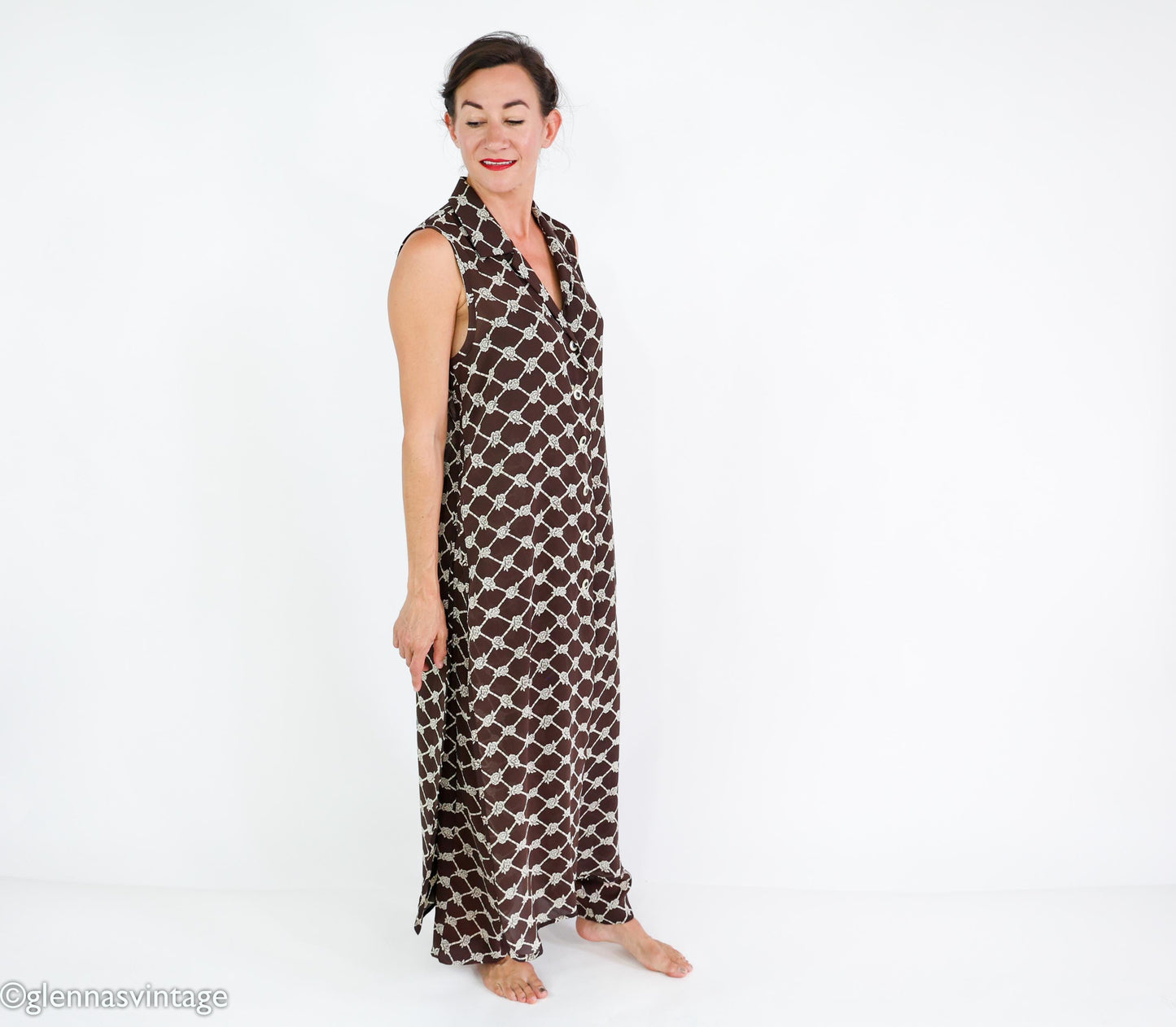 1990s Brown Print Dress & Pants | Sleeveless Dress Pant Set, Large