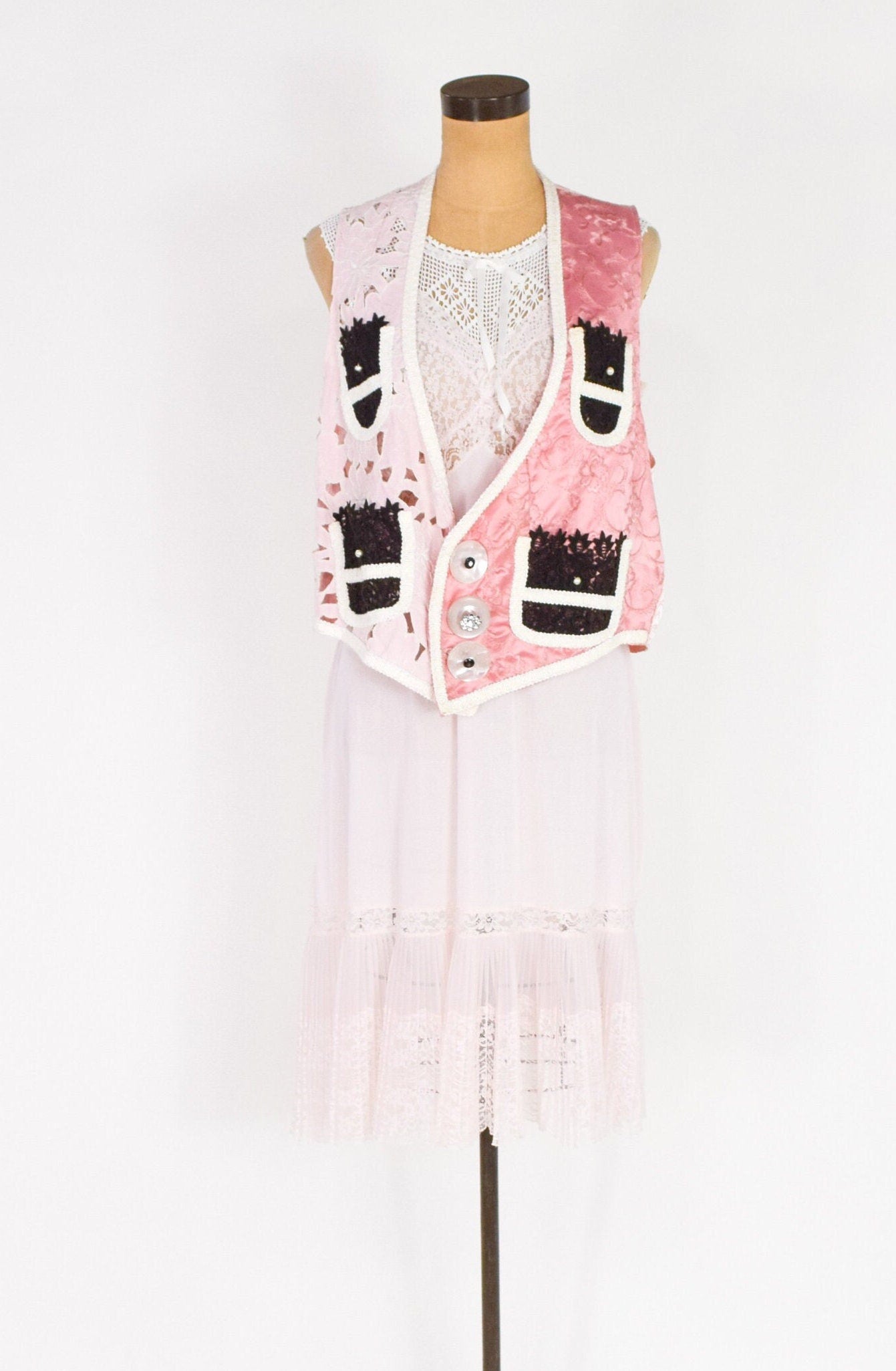 1990s White Crochet Top Dress and 1990s Pink Vintage Fabric Vest