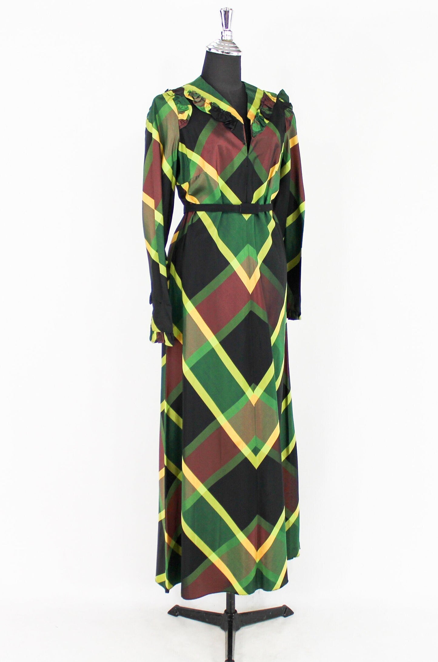 1940s Green Plaid Hostess Dress | 40s Green Chevron Striped Taffeta Dress |  Medium