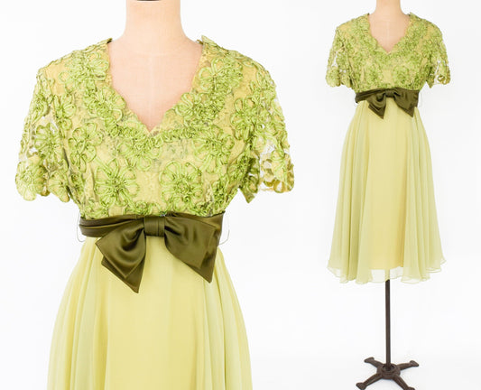1950s Green Lace & Chiffon Party Dress,  Medium