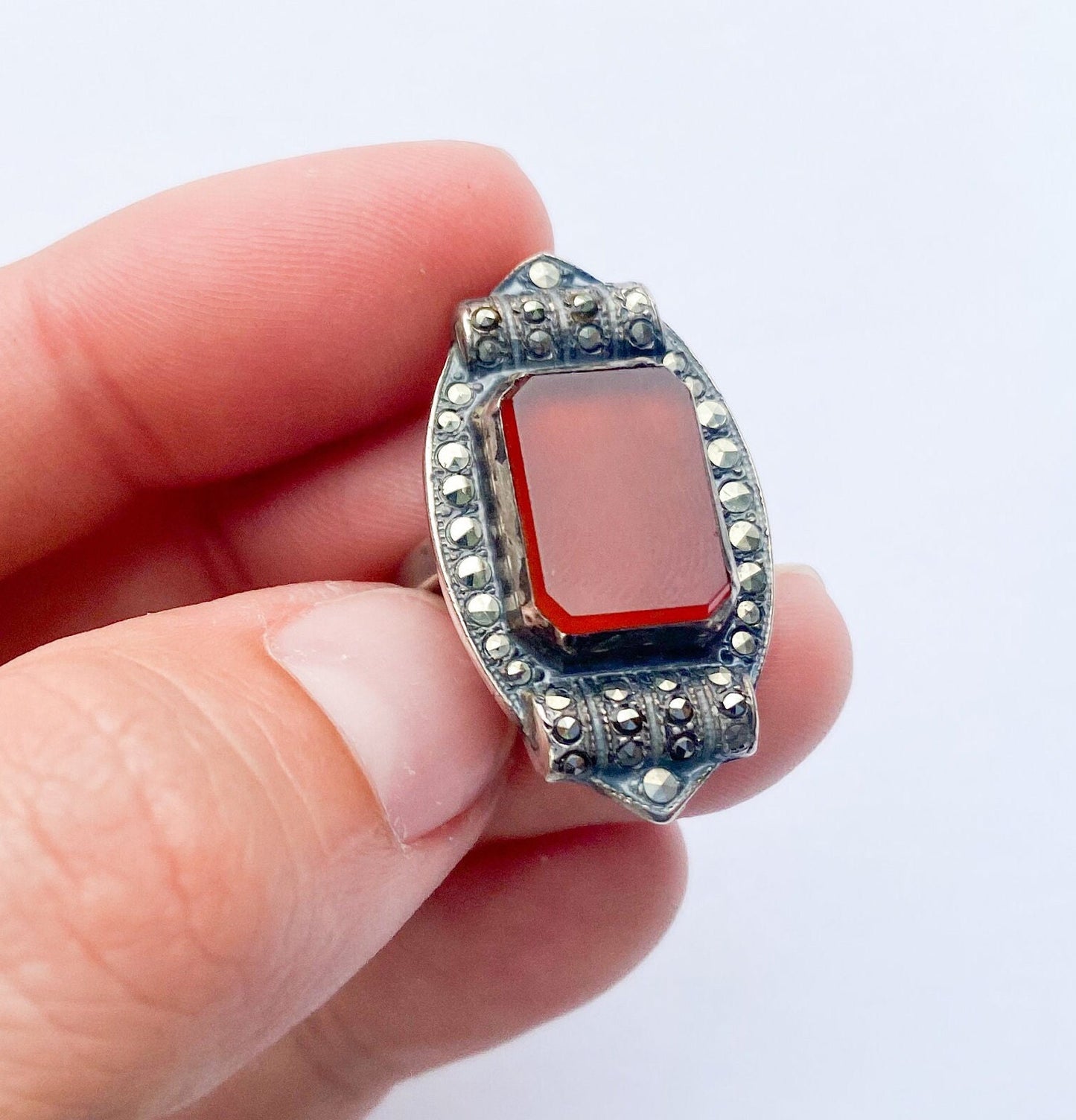 1940s Art Deco Carnelian Marcasite Sterling Silver Ring,Size 5 3/4