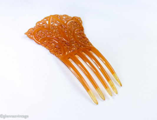 1900s Amber Celluloid Hair Comb | Art Nouveau Mantilla Comb