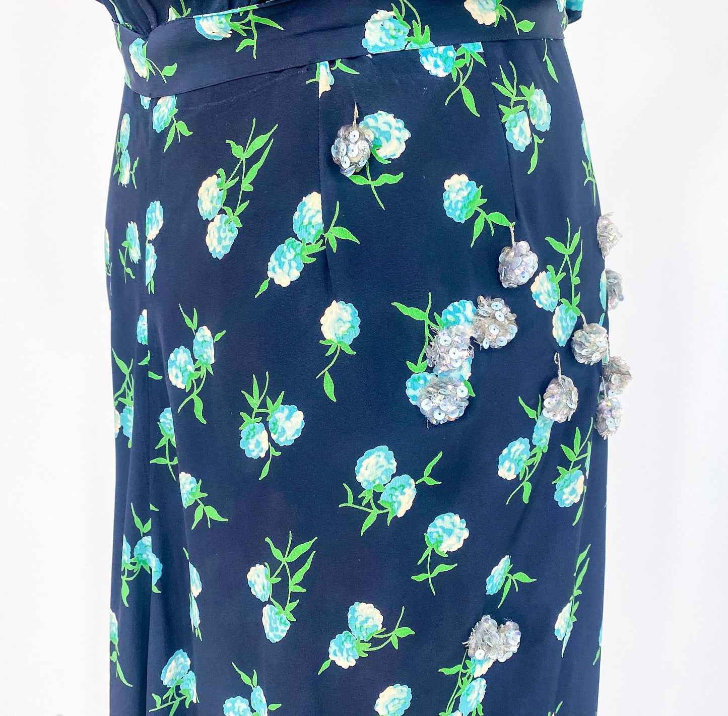 1940s Navy Blue Floral Sequin Dress, Large