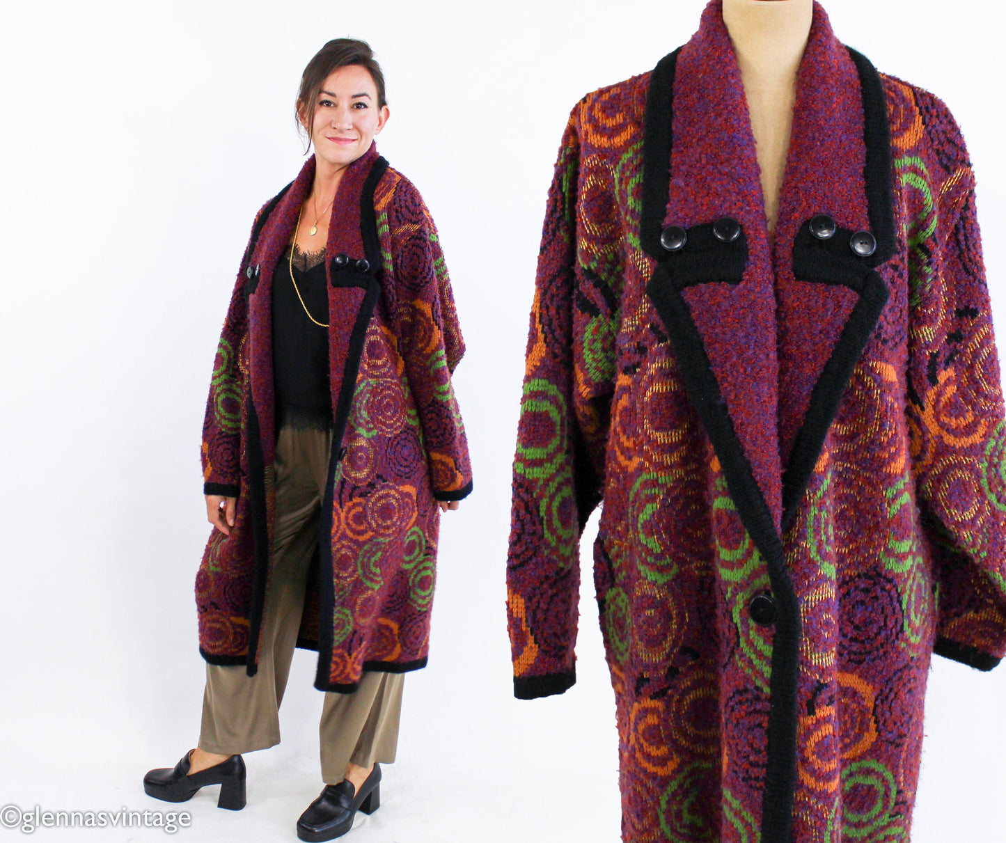 1980s Colorful Autumn Colors Oversized Sweater Coat | 80s Maroon Abstract Sweater Coat | La Mittini Large