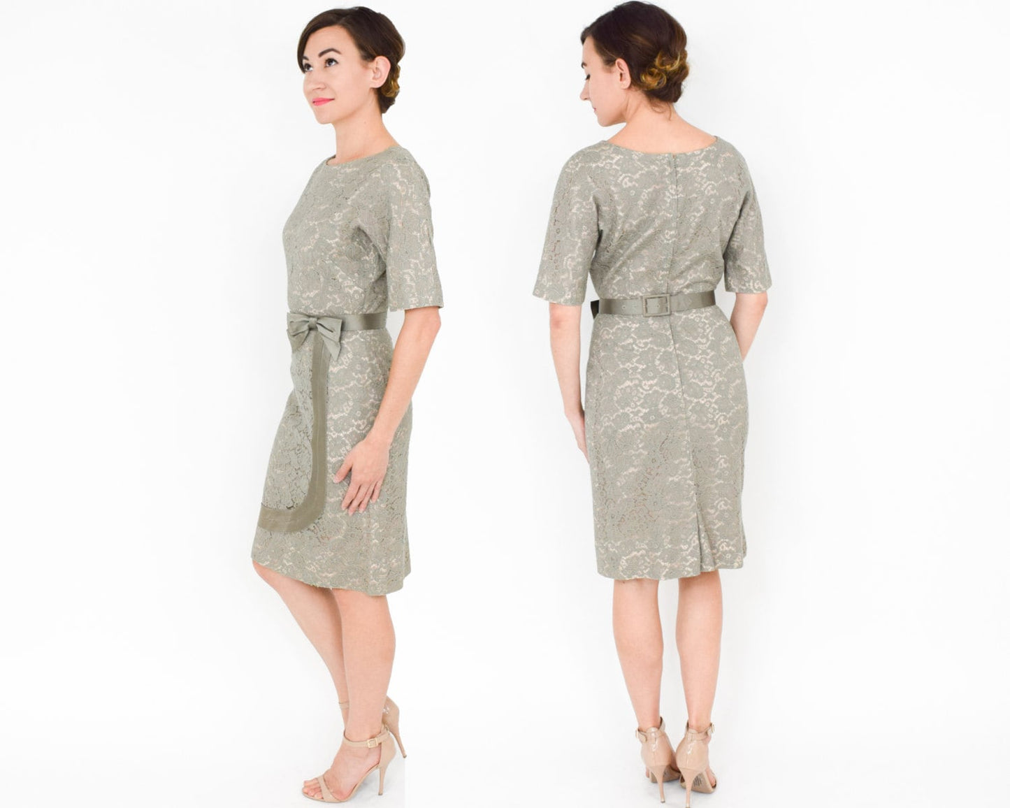 1950s Sage Green Lace Cocktail Dress, Medium
