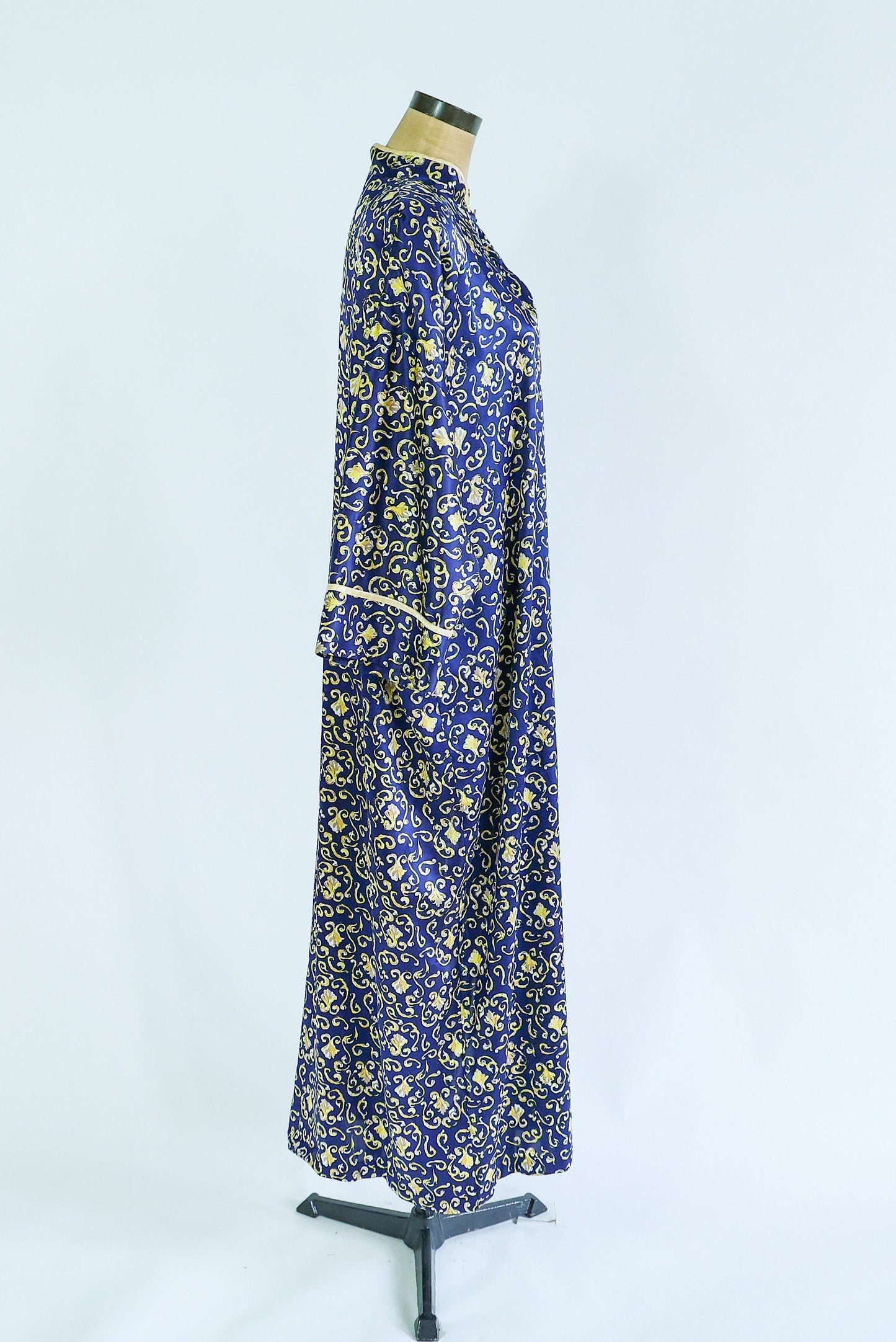 1980s Navy Satin Print Caftan | Mary McFadden | XL