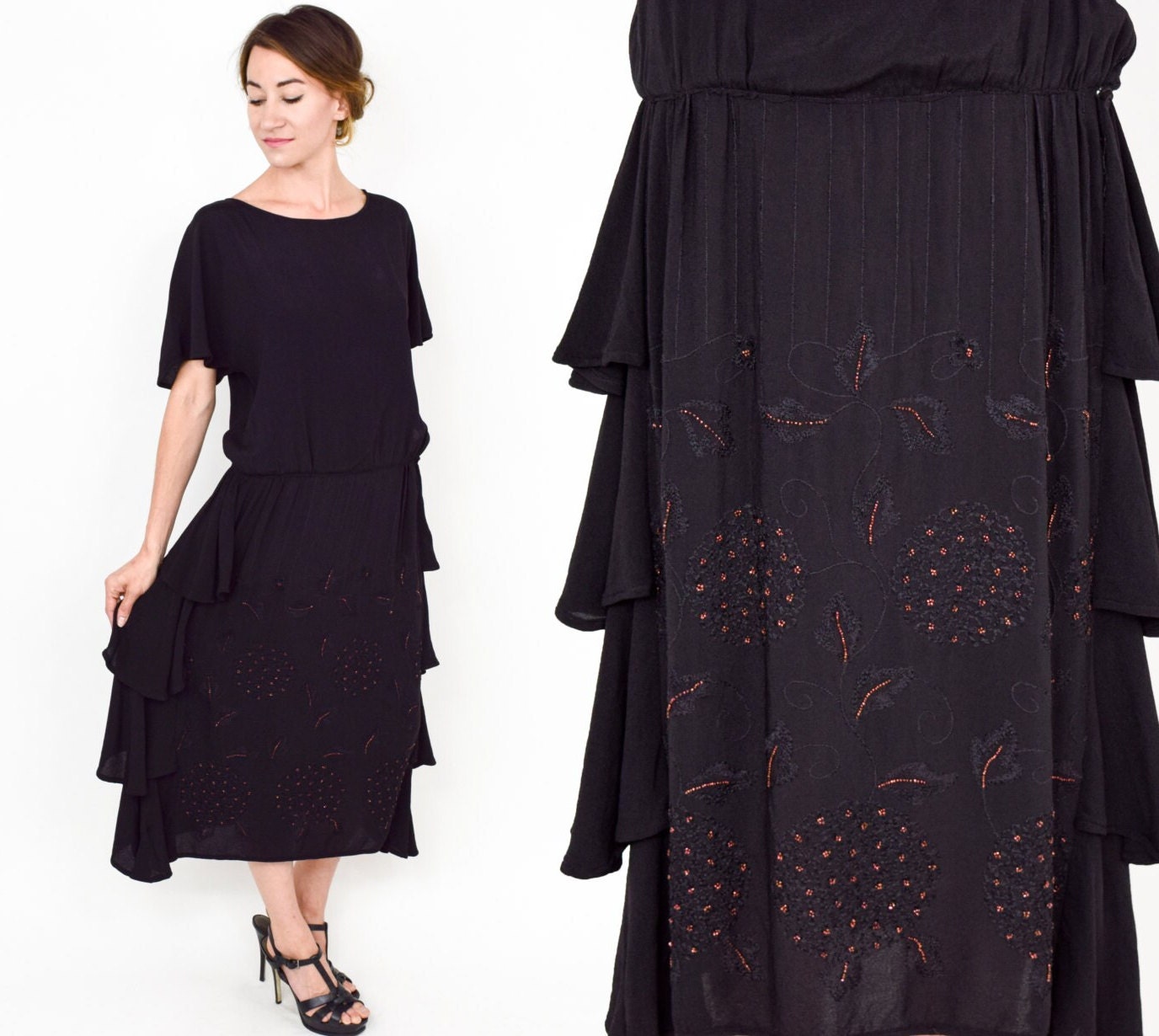 1920s Black Silk Beaded Dress, Embroidered Flapper Gown, Medium
