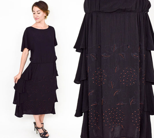 1920s Black Silk Beaded Dress, Embroidered Flapper Gown, Medium