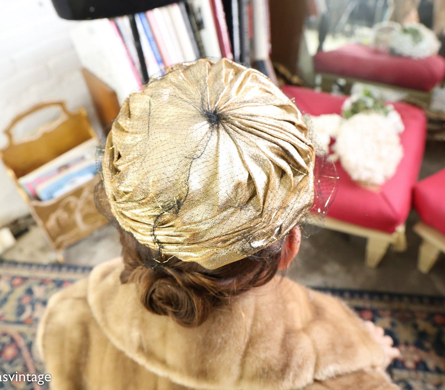 1950s Metallic Gold Fabric Hat | 50s Gold Metallic Gathered Hat