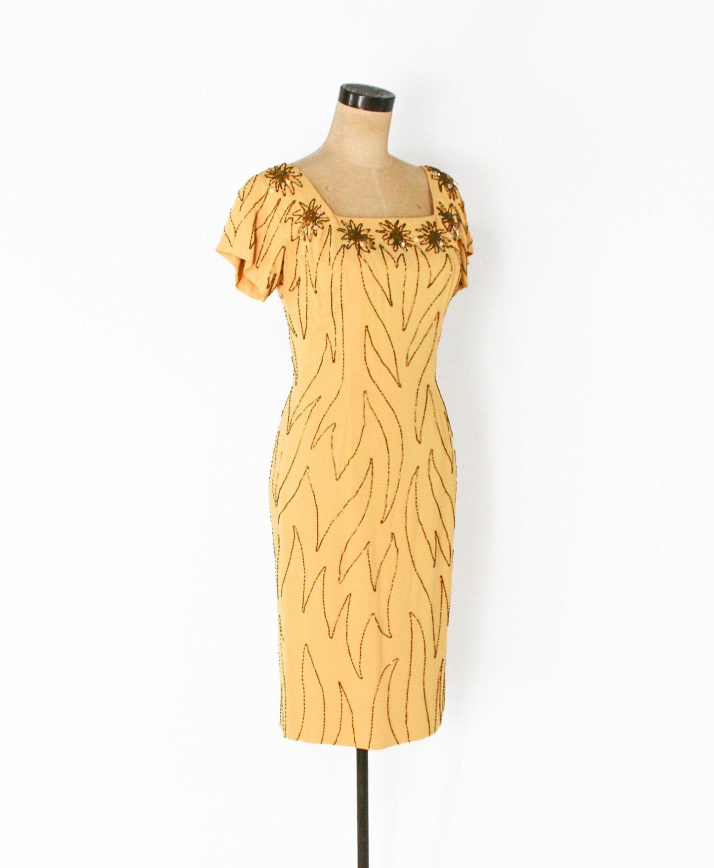 1950s Yellow Beaded Cocktail Dress, Small