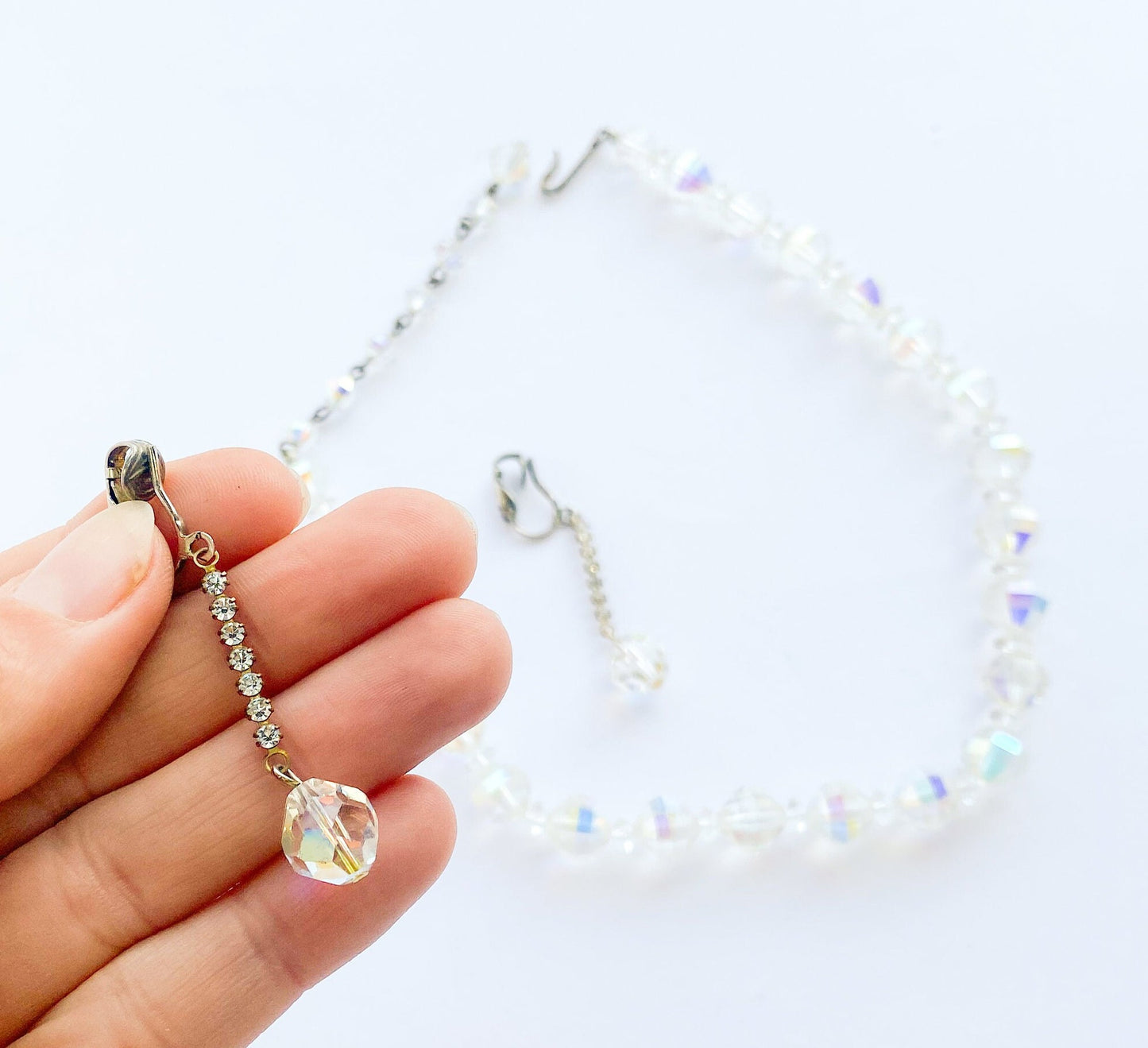 1950s Aurora Borealis Crystal Necklace & Earrings Set, Iridescent Jewelry
