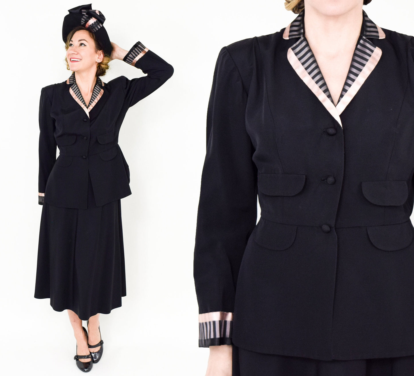 Vintage 1940s Doris Dodson Black Faille Suit | Black Pink Jacket & Skirt, Medium