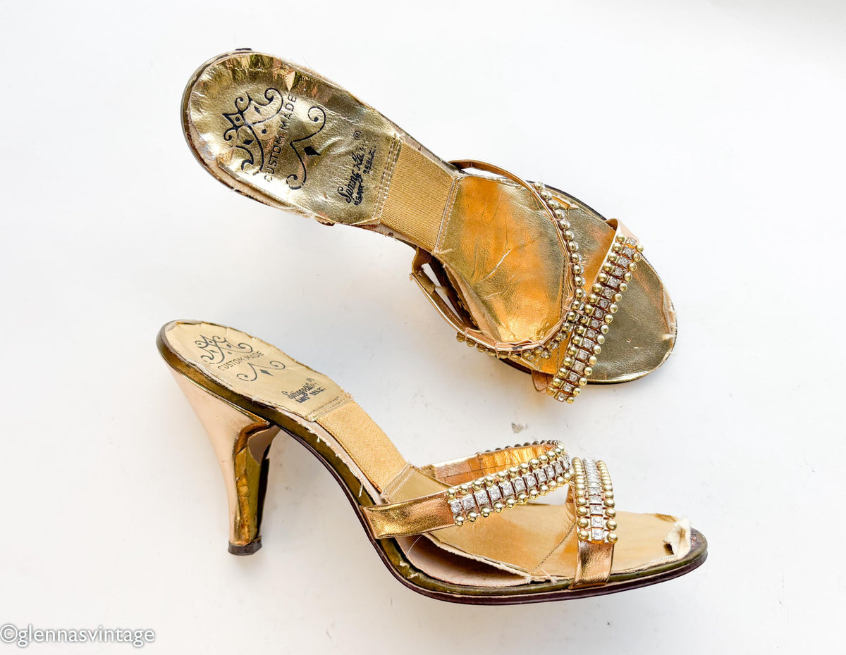 1950s Gold Springolators Heels Heeled Sandals, Size 7
