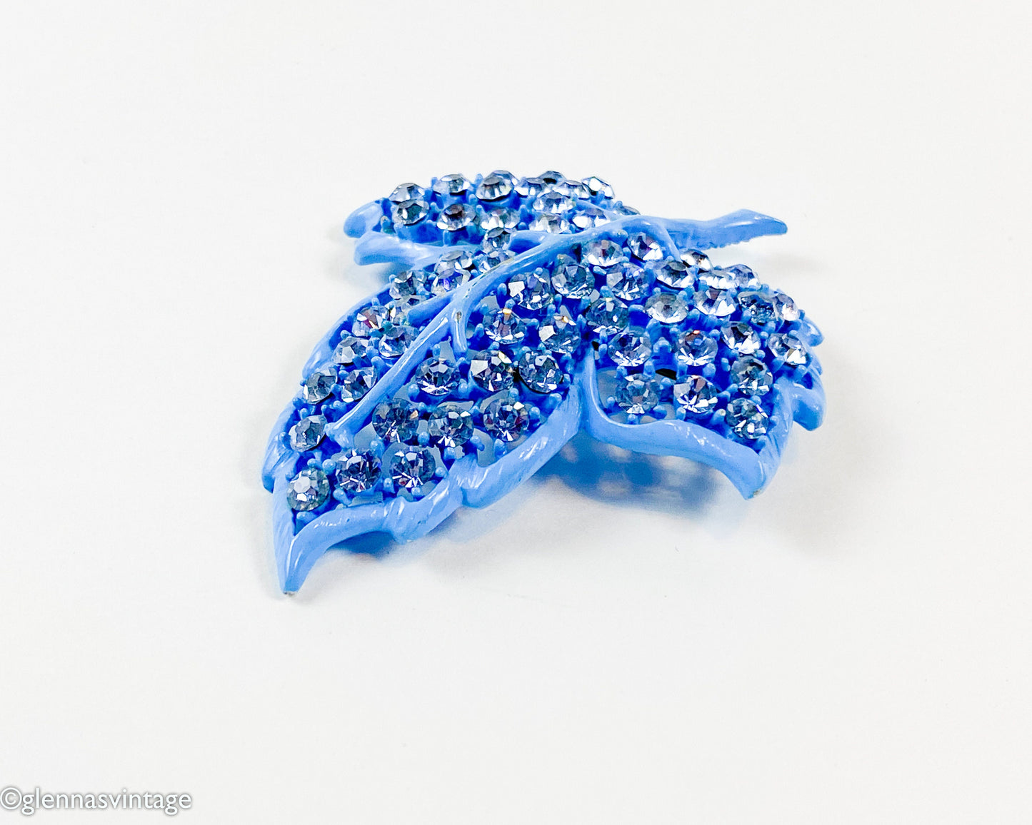 Weiss | 1960s Blue Rhinestone Leaf Brooch | 60s Blue Enamel & Rhinestone Pin | Weiss