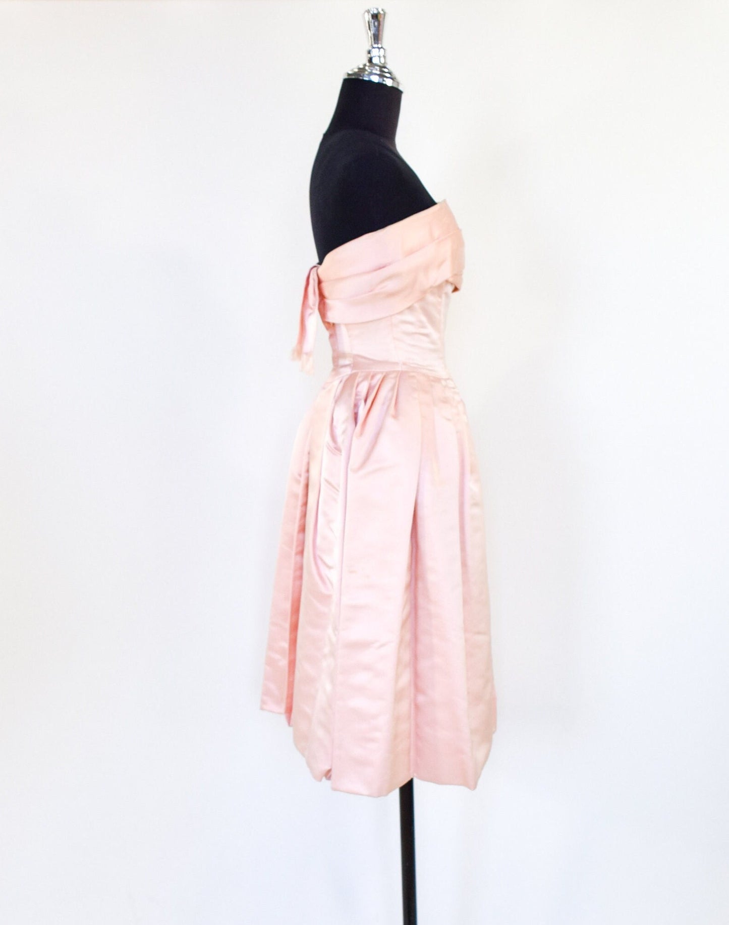 1950s Pink Satin Strapless Prom Party Dress, Extra Small