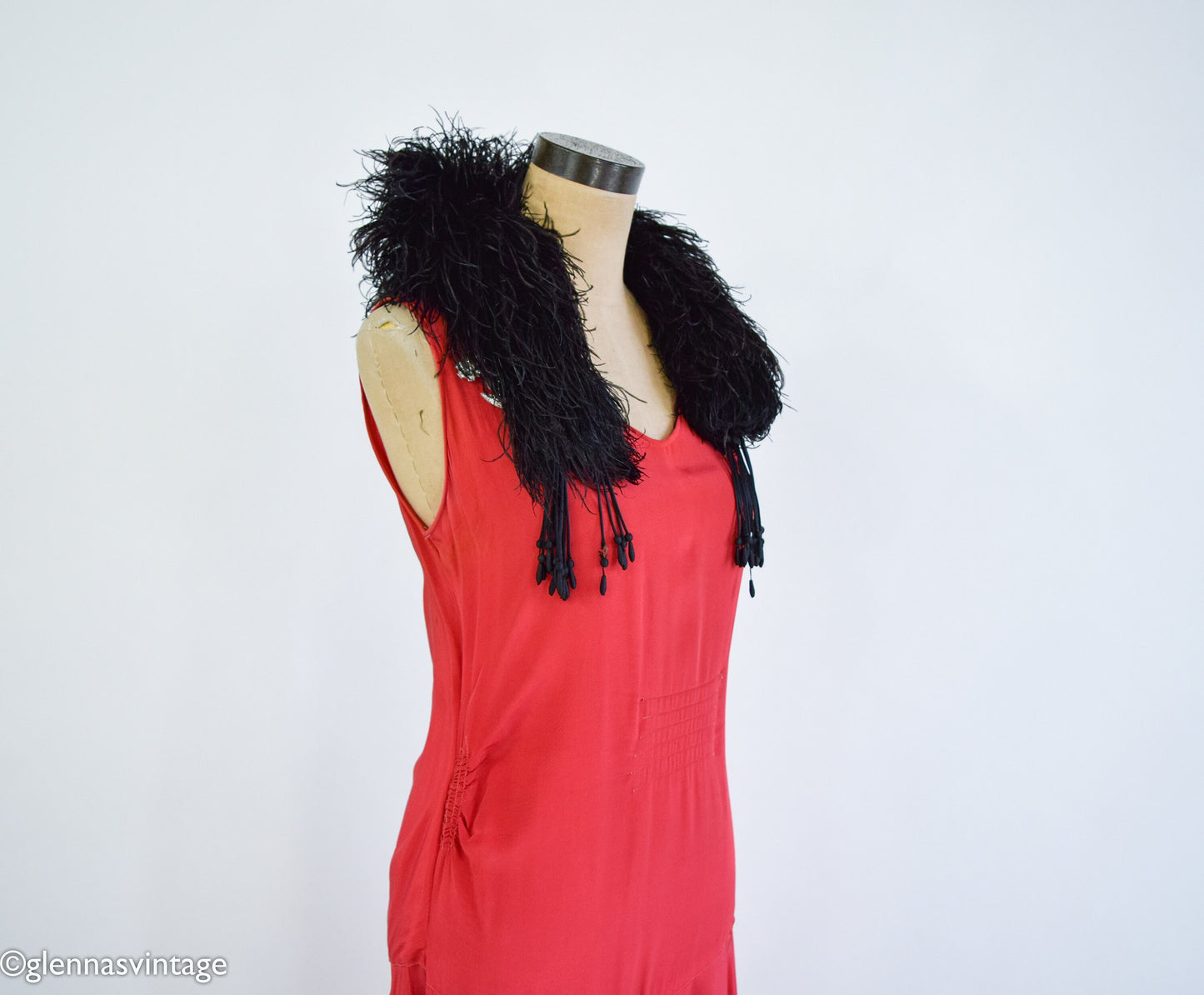 1900s Black Ostrich Feather Stole Boa with Beaded Tassels, Edwardian Era Scarf