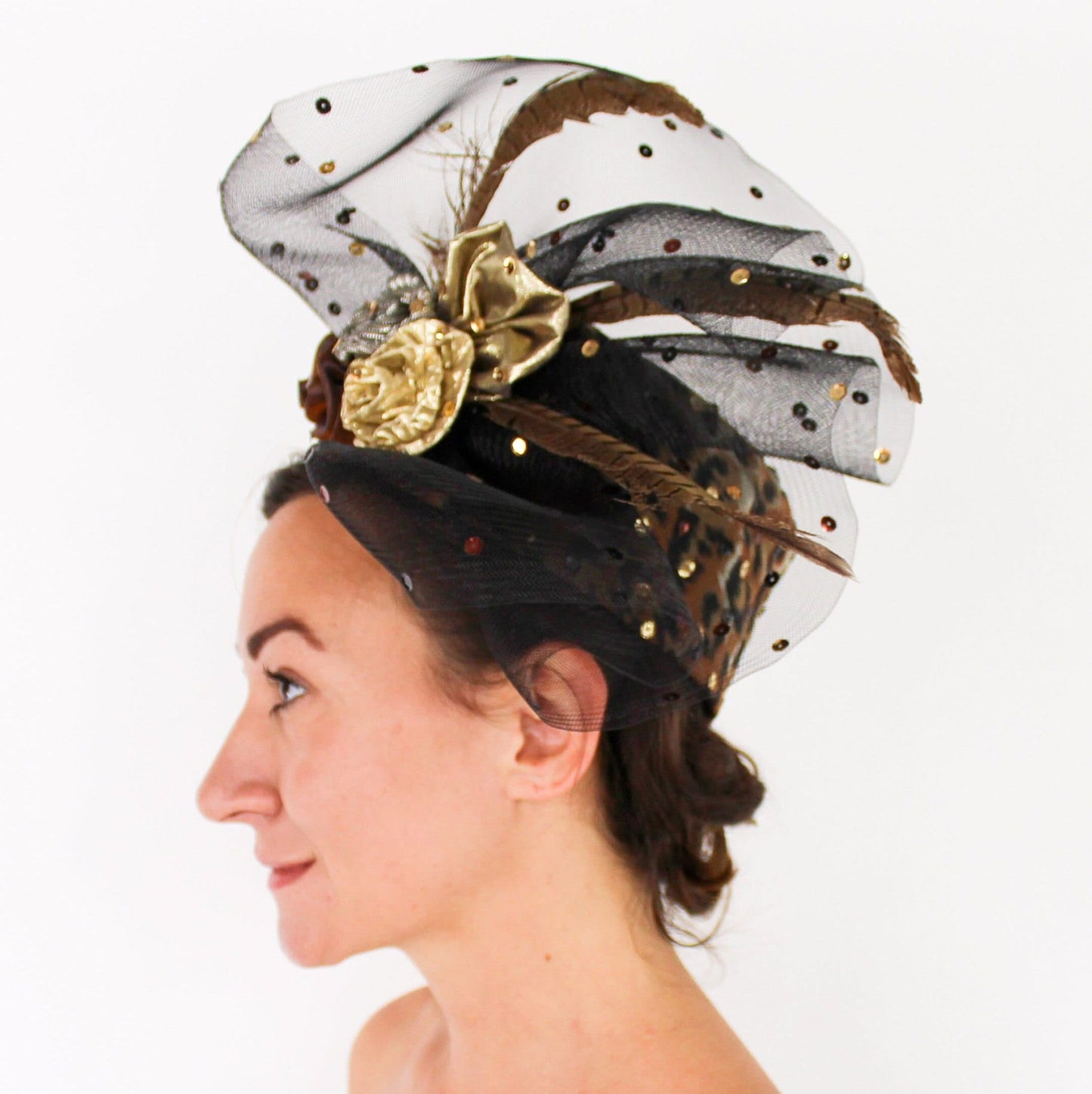1980s Leopard Fascinator Hat with Tulle & Sequins
