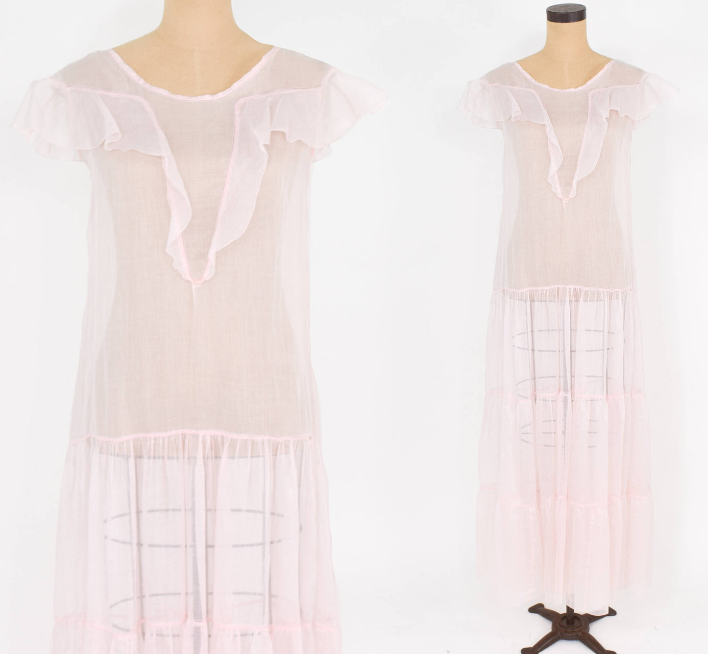 1930s Pale Pink Organza Evening Dress with Ruffle Trim, Medium