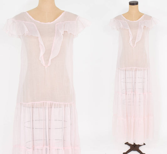 1930s Pale Pink Organza Evening Dress with Ruffle Trim, Medium
