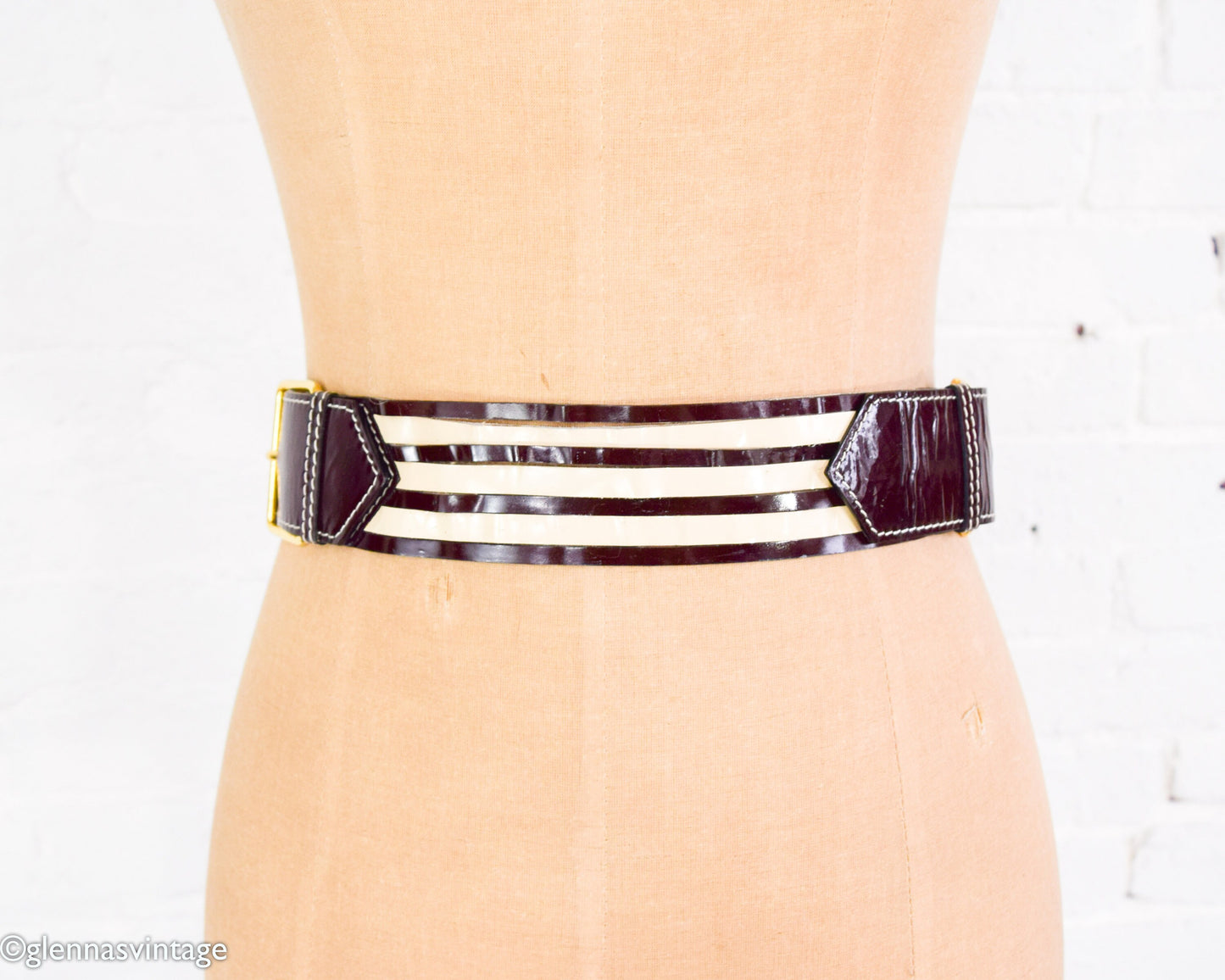1980s Brown & White Patent Striped Belt | 80s Brown Patent Leather Belt | Escada