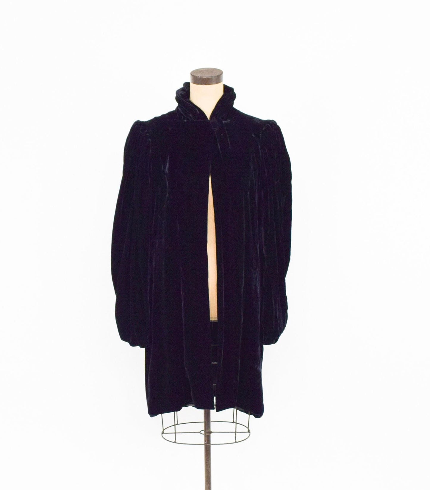 1930s Black Silk Velvet Evening Coat with Black Draped Sleeves Cape, Medium