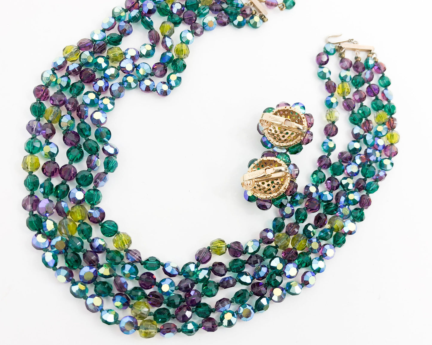 Vogue | 1960s Blue Green Crystal Necklace Set | 60s Green Faceted AB Crystal Set | Blue Multi Strand Necklace & Earrings | Vogue