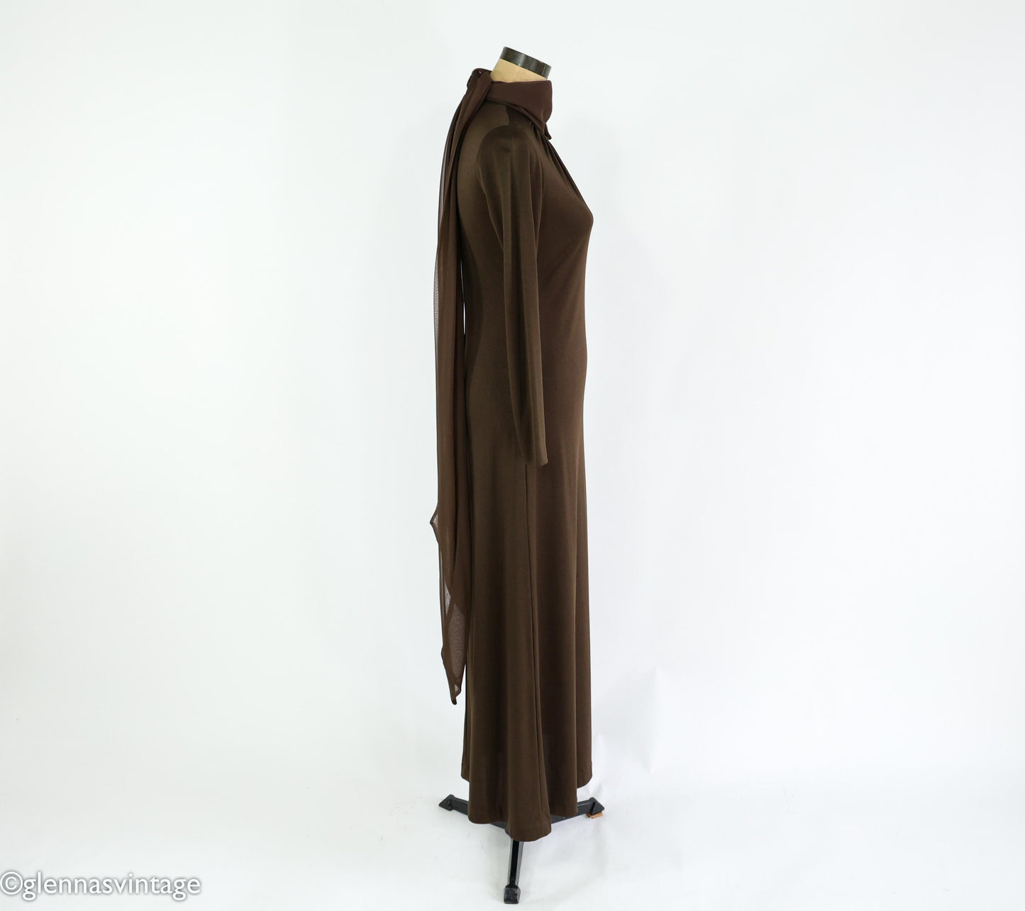 1970s Brown Maxi Dress | Chiffon Collar Evening Gown, Medium