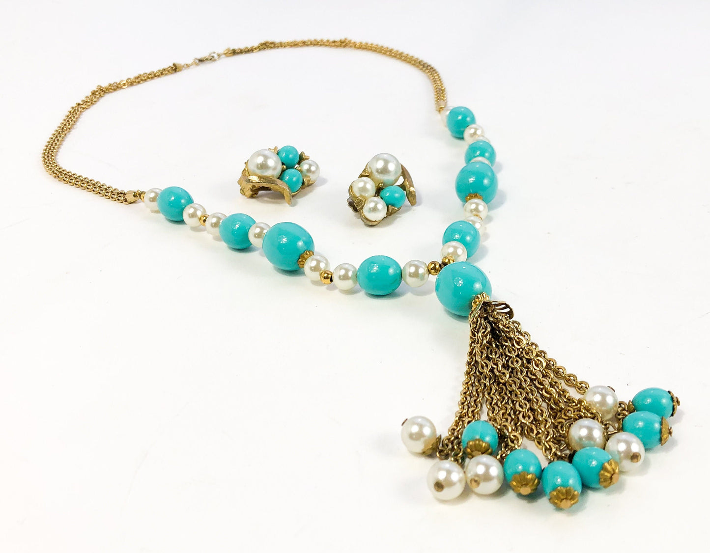 1960s Turquoise and Faux Pearl Necklace Set | Gold Pendant and Clip Earrings