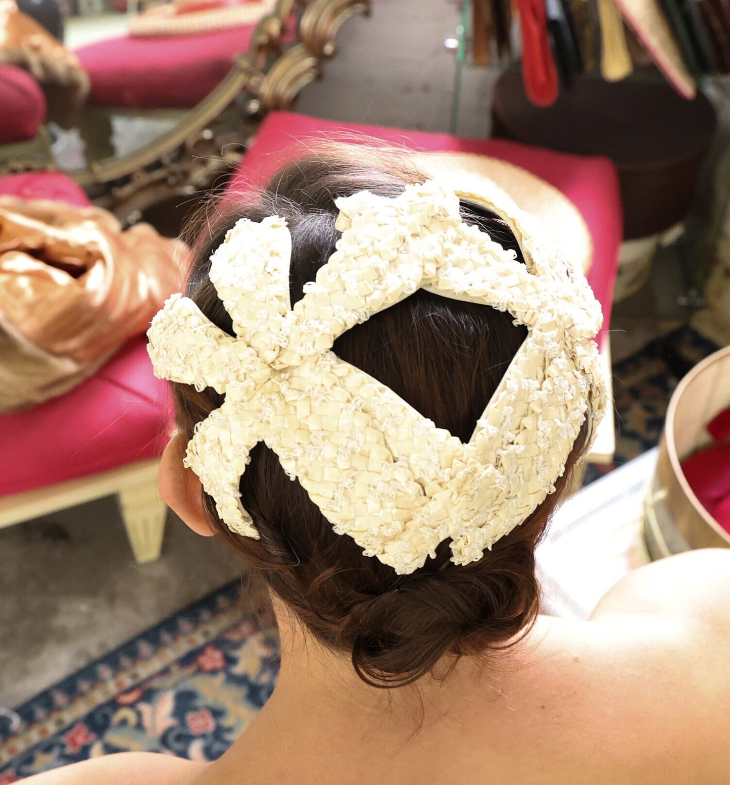 1950s Creme Woven Raffia Fascinator, Juliette Cap