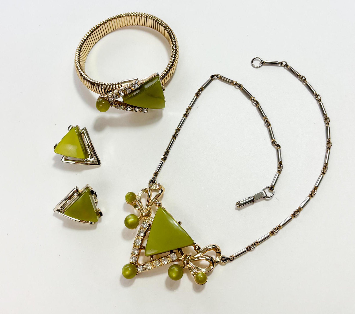 1960s Olive Green Thermoplastic Jewelry Set, Necklace Bracelet & Earrings