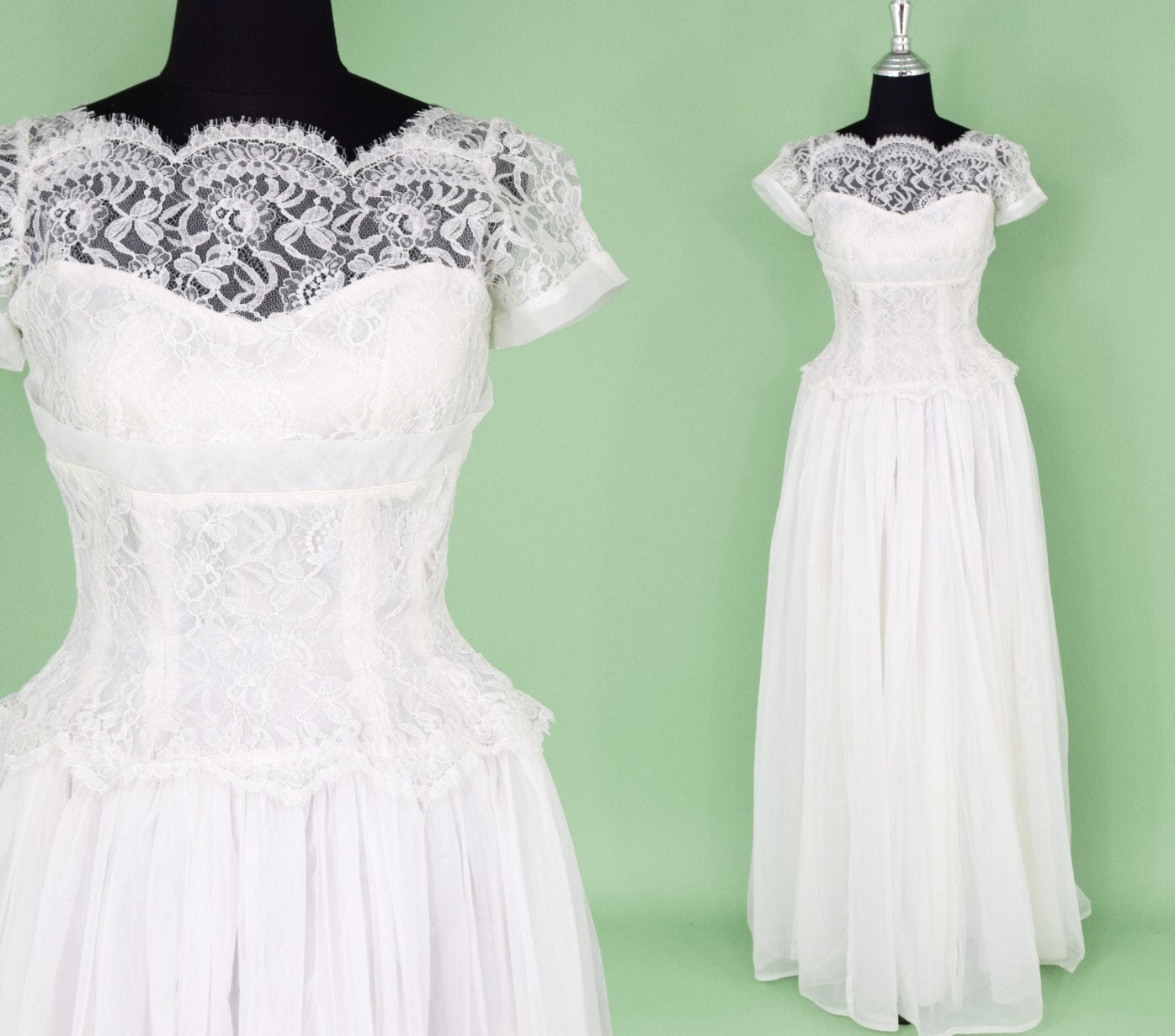 1950s White Lace & Chiffon Wedding Gown, Princess Dress, Extra Small