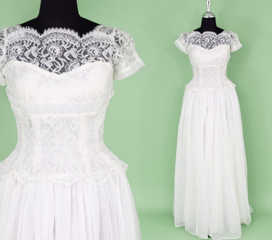 1950s White Lace & Chiffon Wedding Gown, Princess Dress, Extra Small