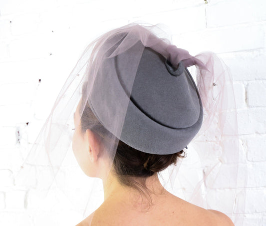1960s Gray Wool Hat with Lavender Tulle Veil