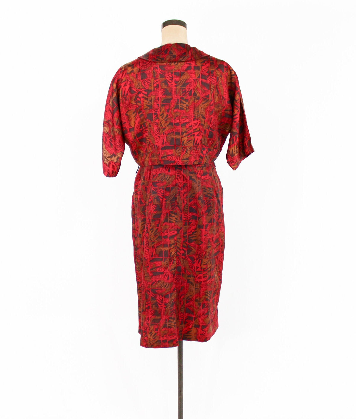 1950s Red Print Dress & Jacket | 50s Red Sheath Set | Large