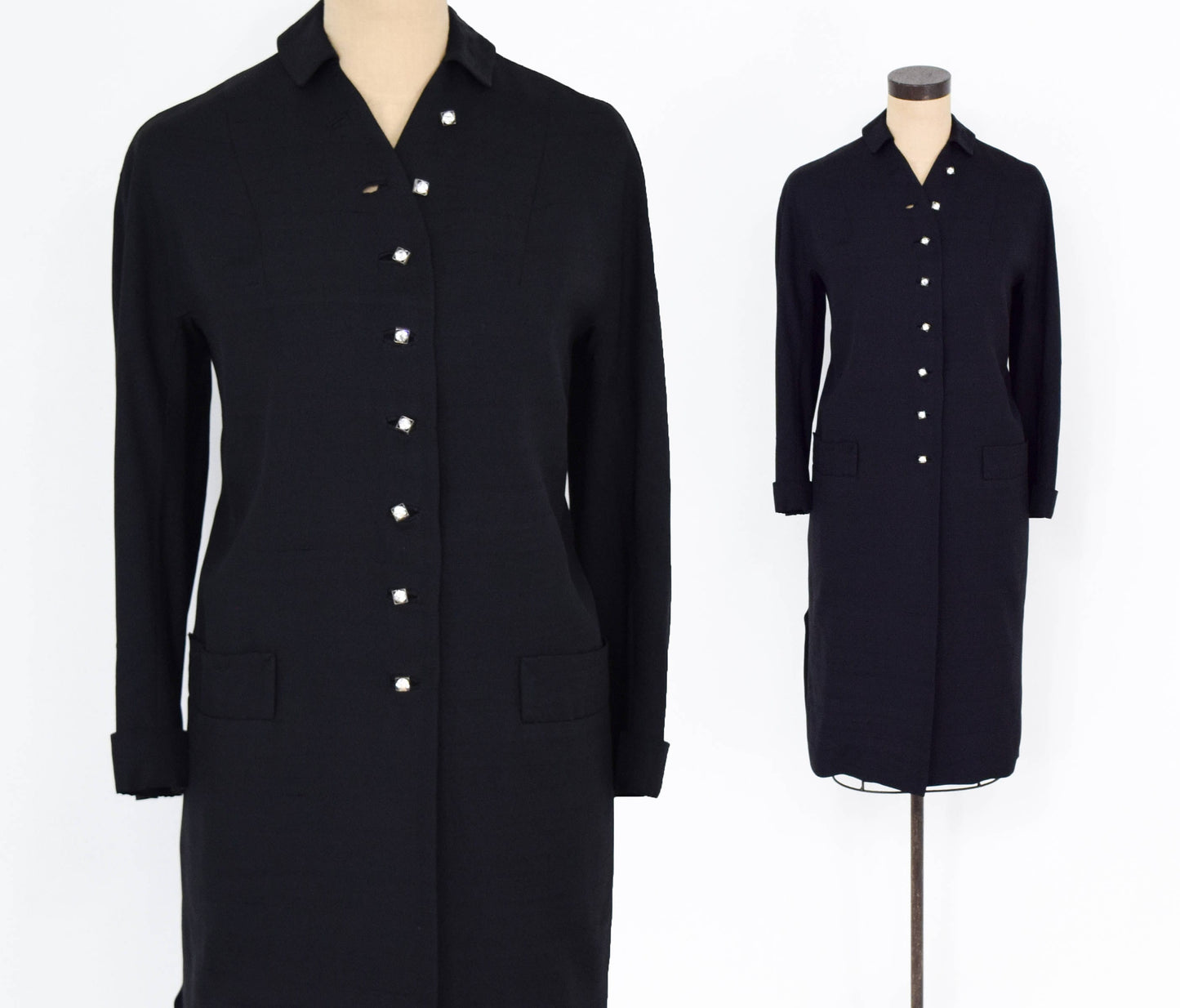 1950s Black Silk Coat | 50s Black Raw Silk Coat | Rhinestone Button Coat | Large