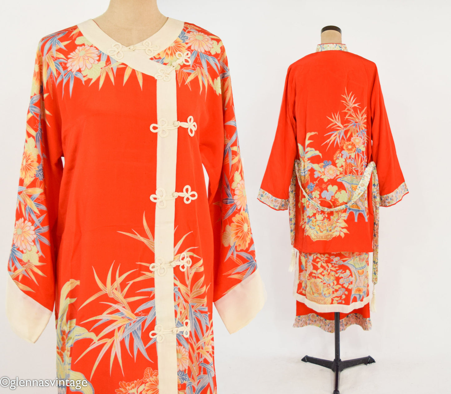 1940s Orange Print Silk Robe and Pajama Set, Large