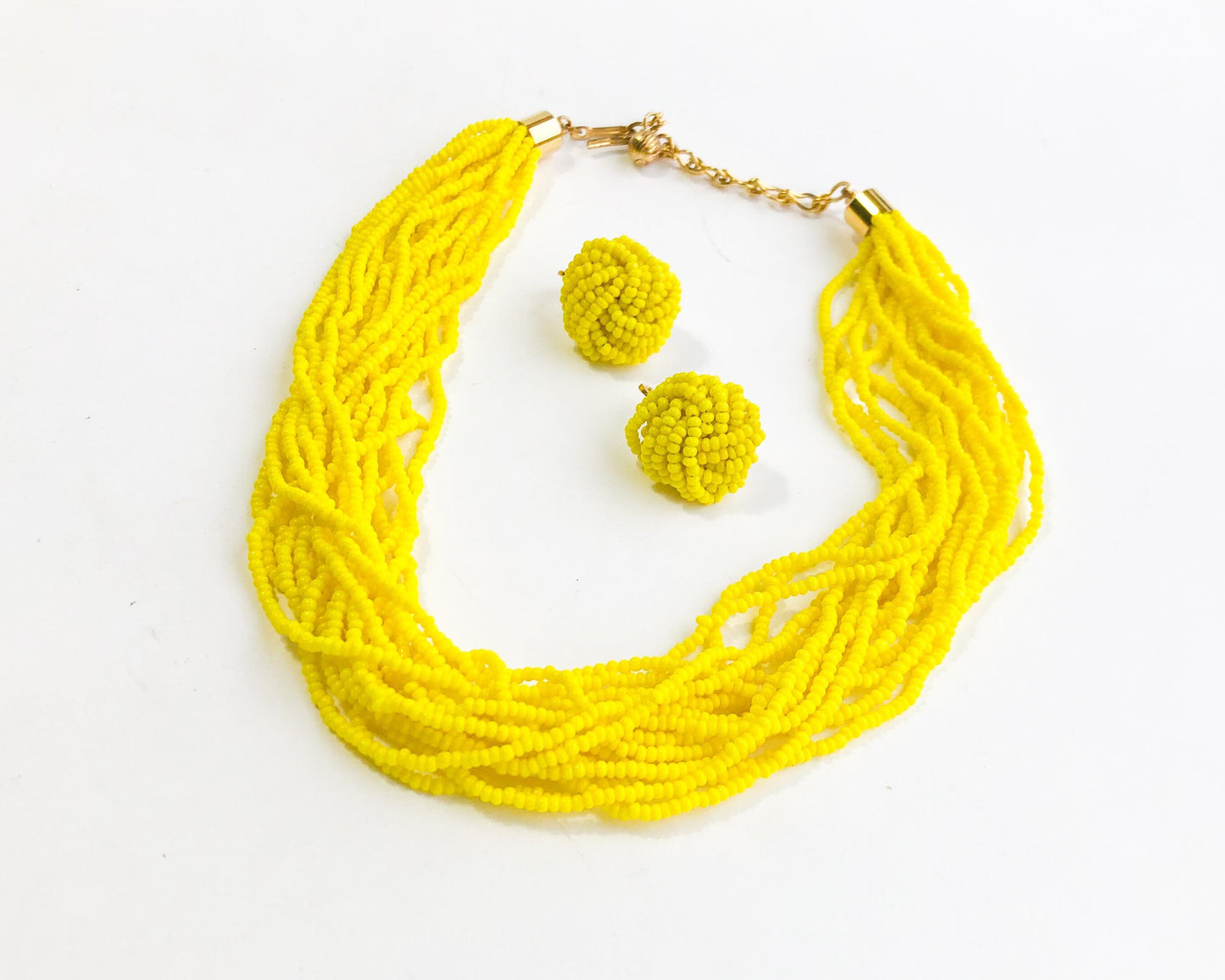 1960s Yellow Beaded Necklace & Clip Earrings Jewelry Set