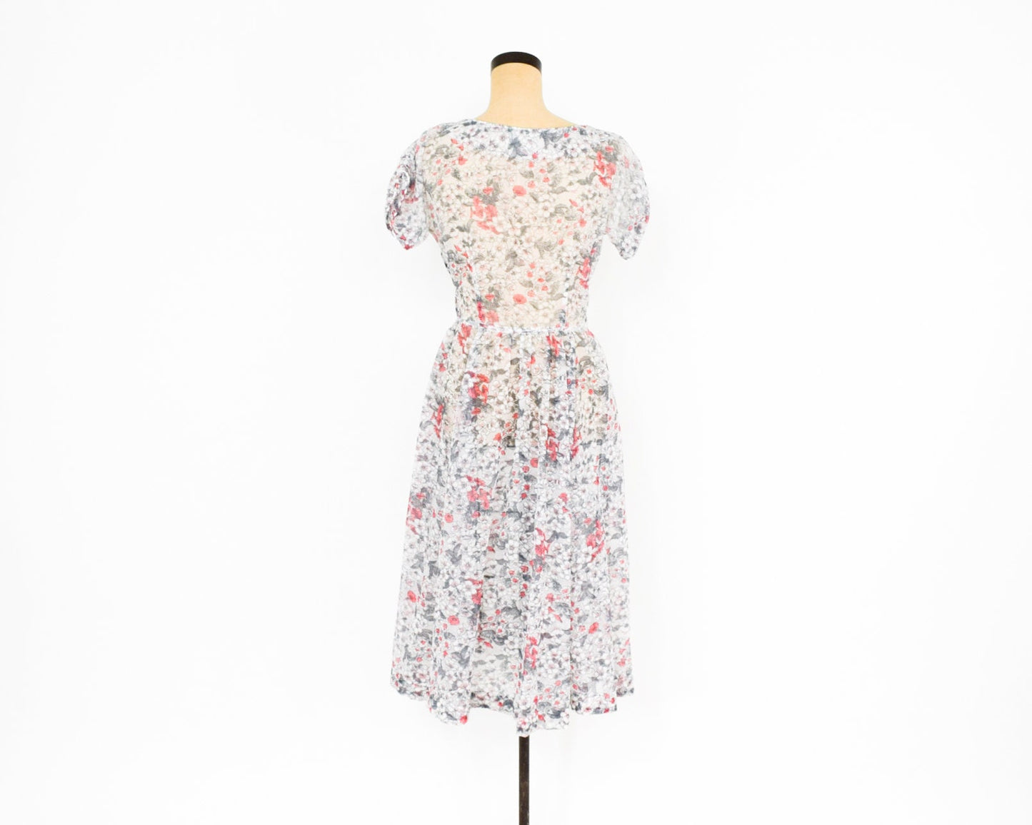 1950s White Pink Gray Floral Nylon Dress, Medium
