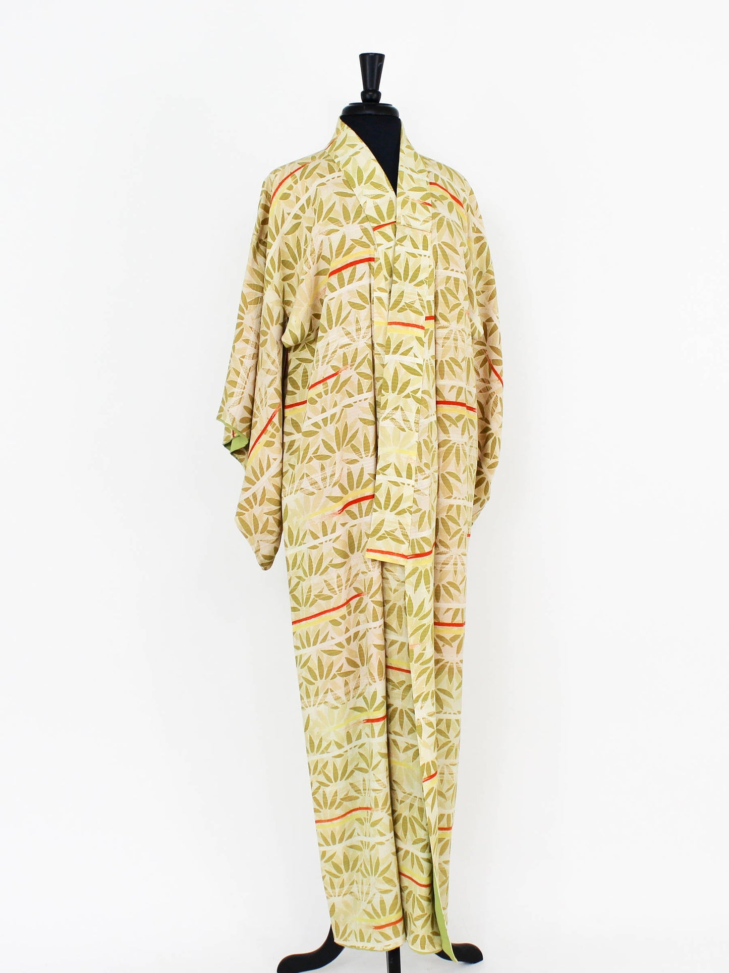 1950s Vintage Yellow Print Silk Kimono | 50s Yellow & Green Bamboo Leaf Kimono